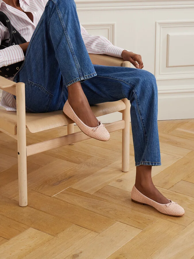 Manolo Blahnik - Veralli Leather-trimmed Raffia Ballet Flats - Pink - Image 2