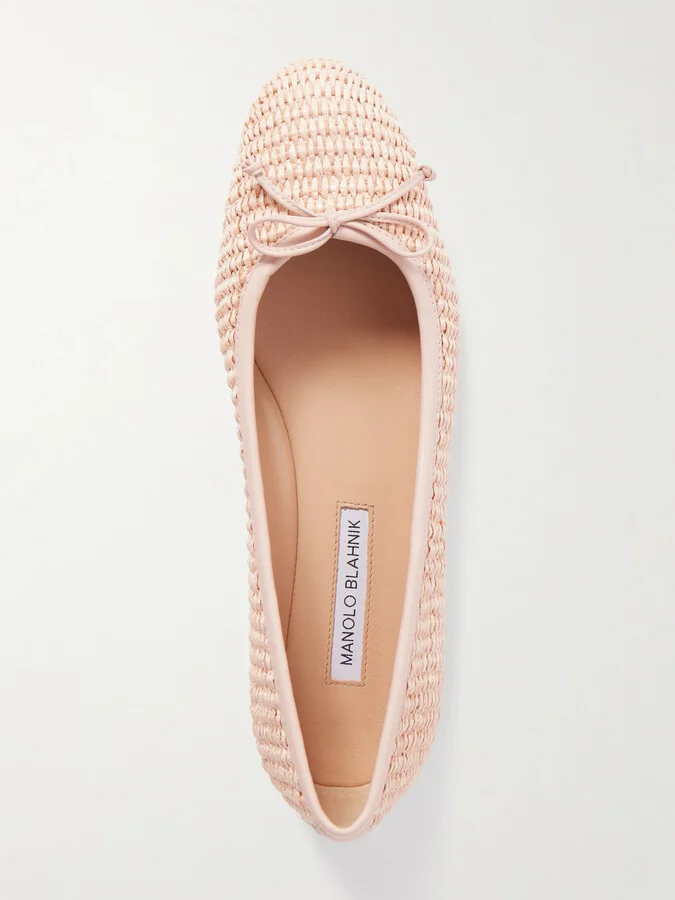 Manolo Blahnik - Veralli Leather-trimmed Raffia Ballet Flats - Pink - Image 5