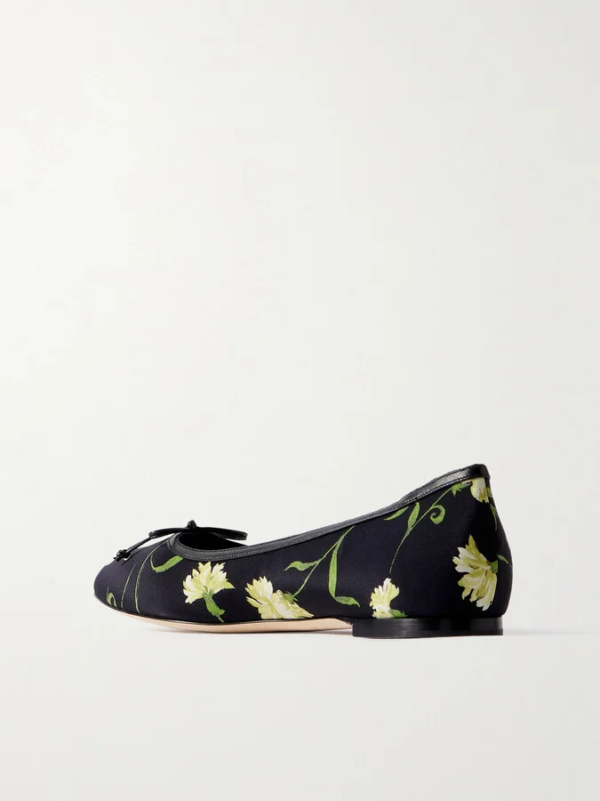 Manolo Blahnik - Verallim 10 Bow-detailed Leather-trimmed Floral-print Satin Ballet Flats - Black - Image 3