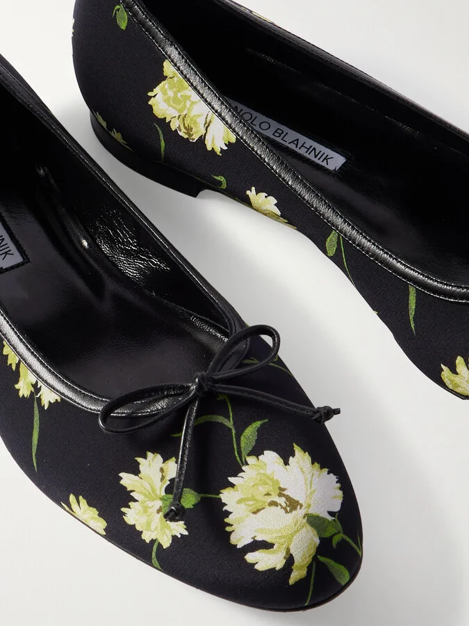 Manolo Blahnik - Verallim 10 Bow-detailed Leather-trimmed Floral-print Satin Ballet Flats - Black - Image 4