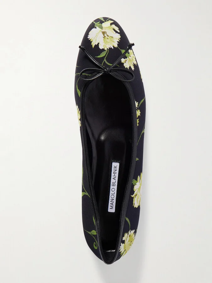 Manolo Blahnik - Verallim 10 Bow-detailed Leather-trimmed Floral-print Satin Ballet Flats - Black - Image 5