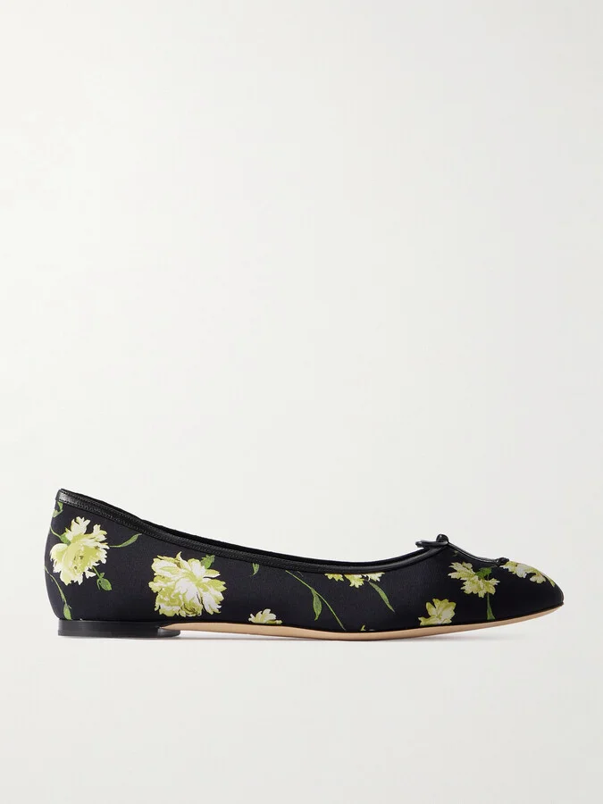 Manolo Blahnik - Verallim 10 Bow-detailed Leather-trimmed Floral-print Satin Ballet Flats - Black
