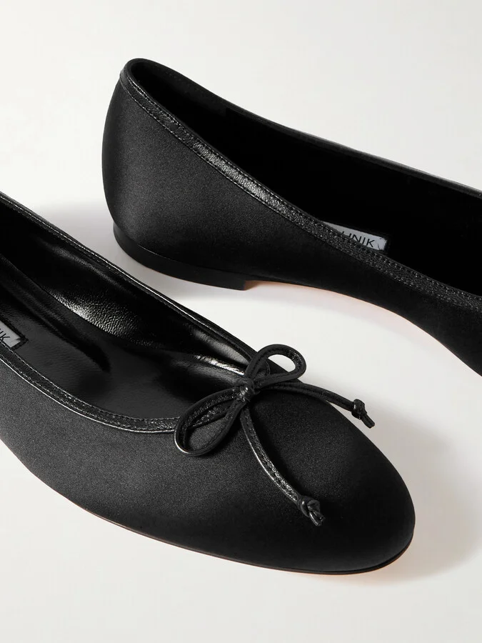 Manolo Blahnik - Verallim 10 Bow-detailed Leather-trimmed Satin Ballet Flats - Black - Image 4