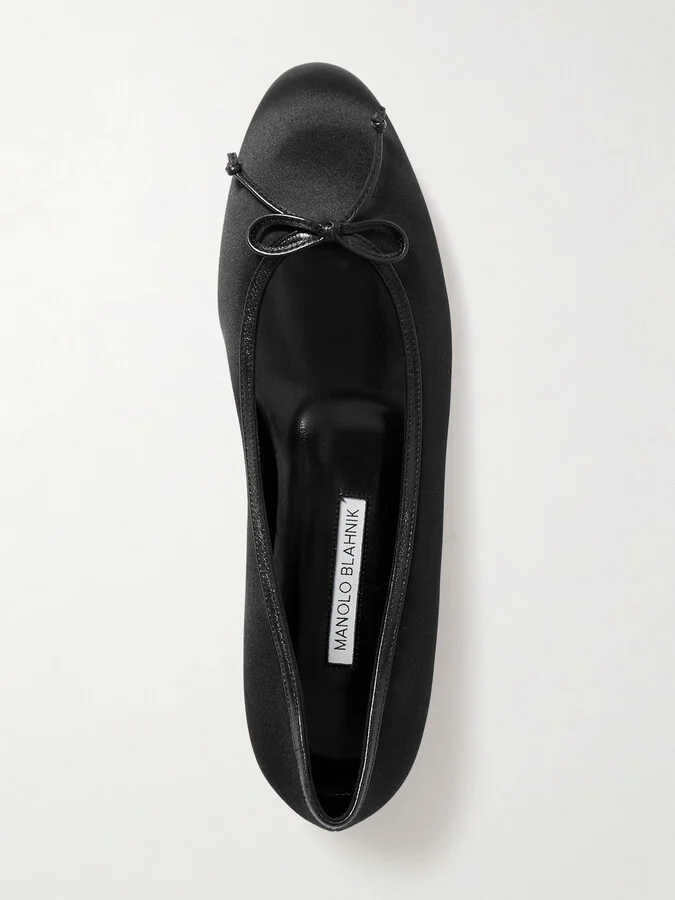 Manolo Blahnik - Verallim 10 Bow-detailed Leather-trimmed Satin Ballet Flats - Black - Image 5