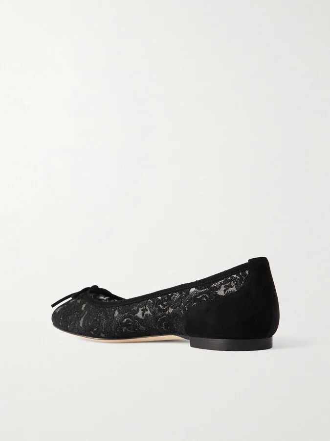 Manolo Blahnik - Verizzo Bow-detailed Suede-trimmed Cotton-blend Lace Ballet Flats - Black - Image 3