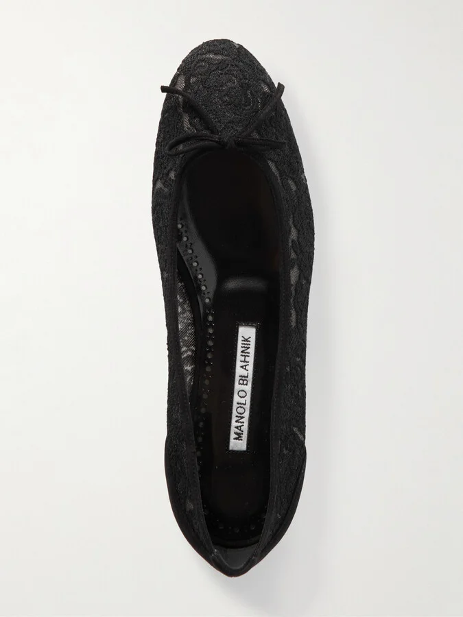 Manolo Blahnik - Verizzo Bow-detailed Suede-trimmed Cotton-blend Lace Ballet Flats - Black - Image 5