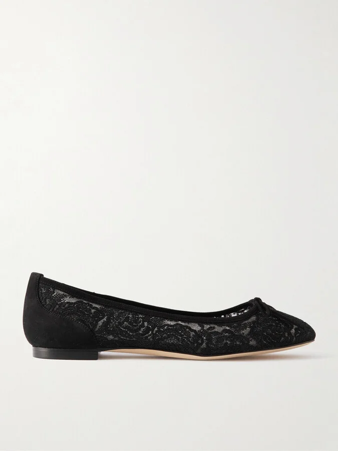 Manolo Blahnik - Verizzo Bow-detailed Suede-trimmed Cotton-blend Lace Ballet Flats - Black