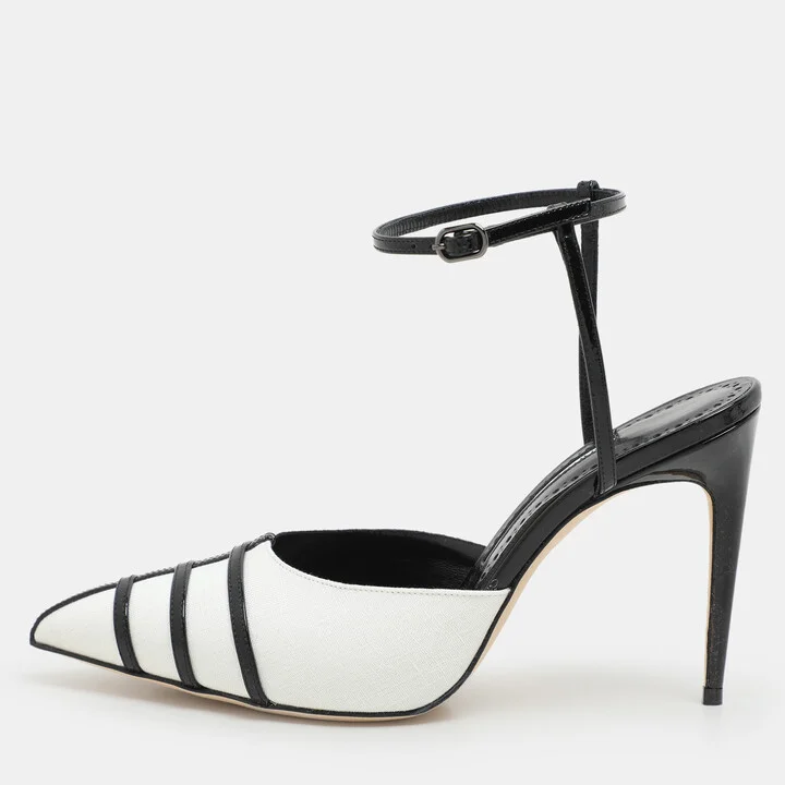 Manolo Blahnik White/Black Canvas and Patent Leather Ankle Strap Sandals Size 37
