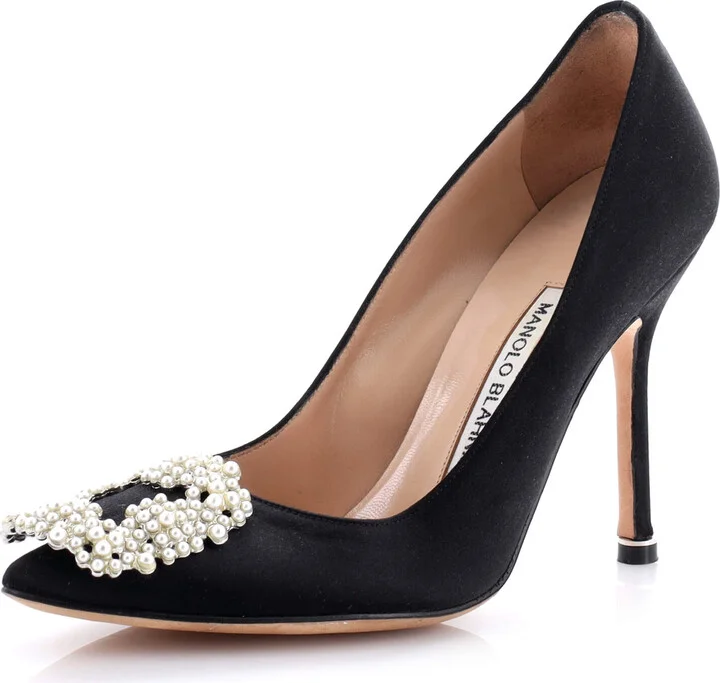 Manolo Blahnik Women's Hangisi Pumps Satin with Faux Pearls 105