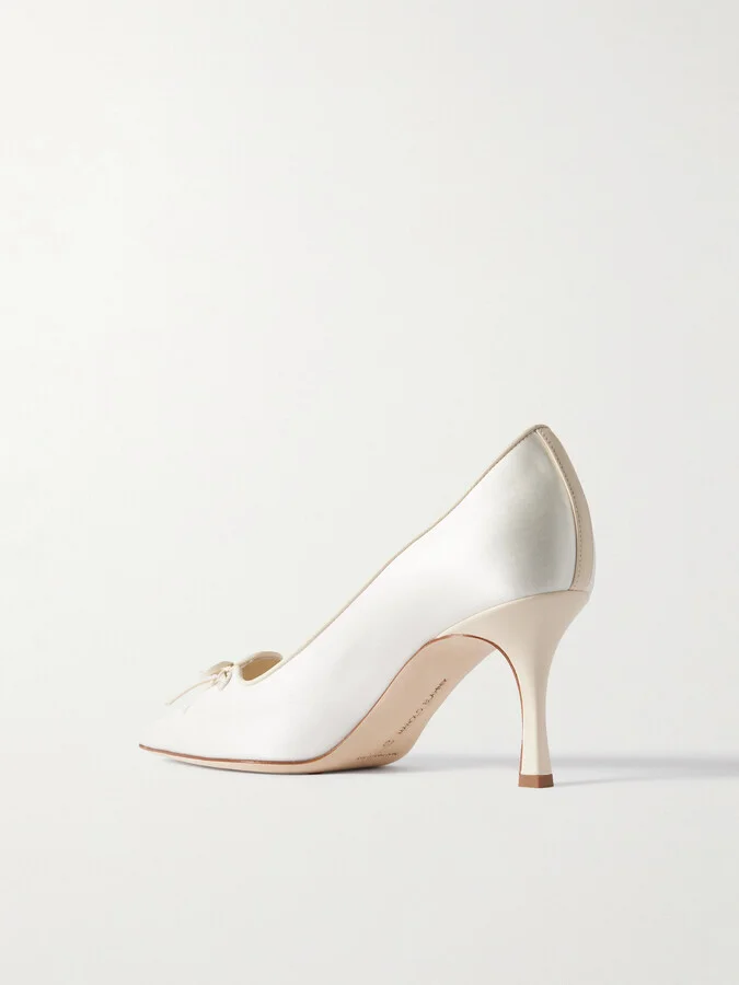 Manolo Blahnik - Zaman 70 Leather-trimmed Satin Point-toe Pumps - Ivory - Image 3