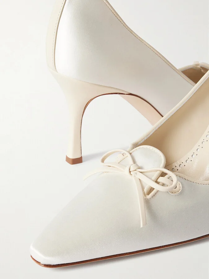 Manolo Blahnik - Zaman 70 Leather-trimmed Satin Point-toe Pumps - Ivory - Image 4