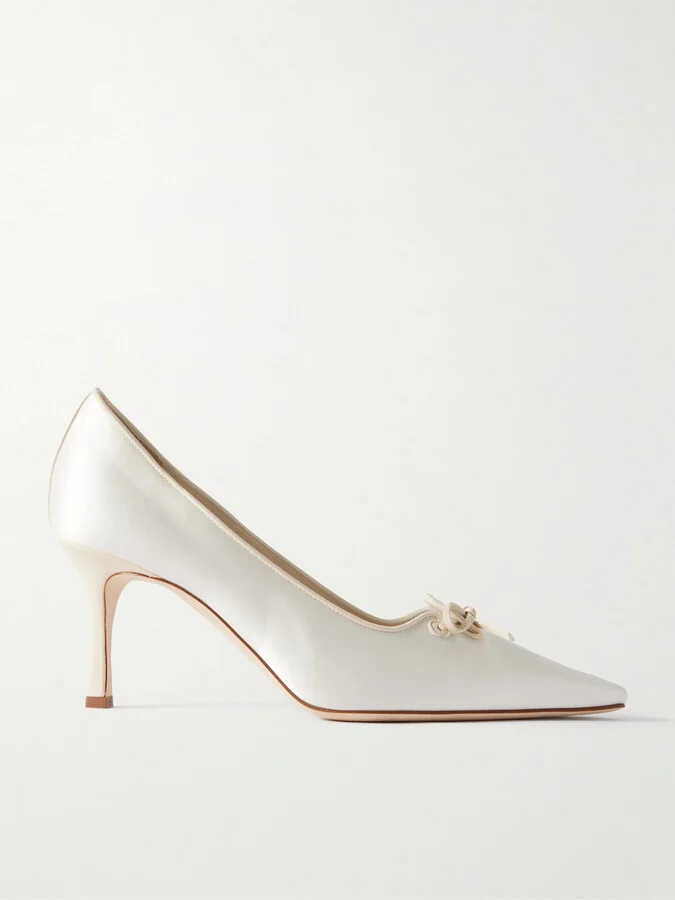 Manolo Blahnik - Zaman 70 Leather-trimmed Satin Point-toe Pumps - Ivory