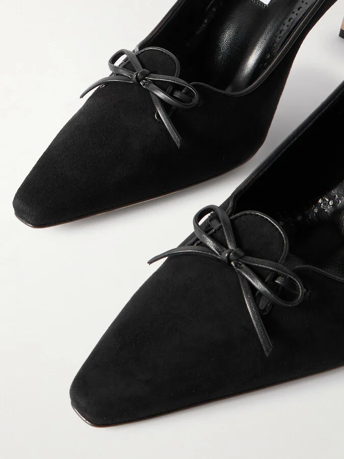 Manolo Blahnik - Zaman 70 Leather-trimmed Suede Pointed-toe Pumps - Black - Image 4