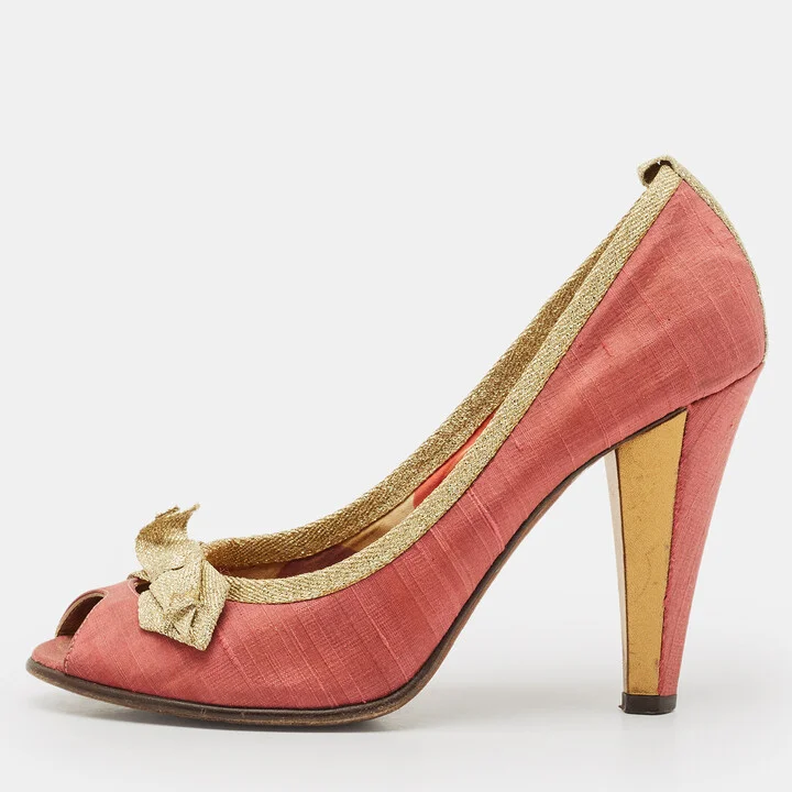 Marc by Marc Jacobs Gold/Red Canvas Bow Peep Toe Pumps Size 37