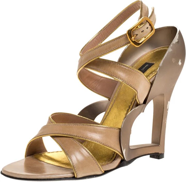 Marc Jacobs Beige Leather And Gold Piping Heart Wedge Ankle Strap Sandals Size 36.5