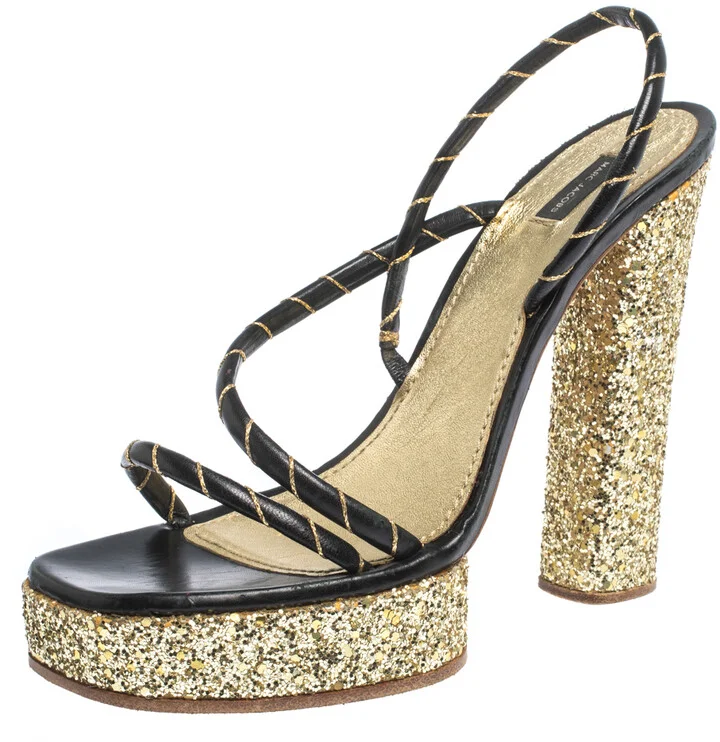 Marc Jacobs Black/Gold Leather And Glitter Fabric Slingback Platform Sandals Size 40