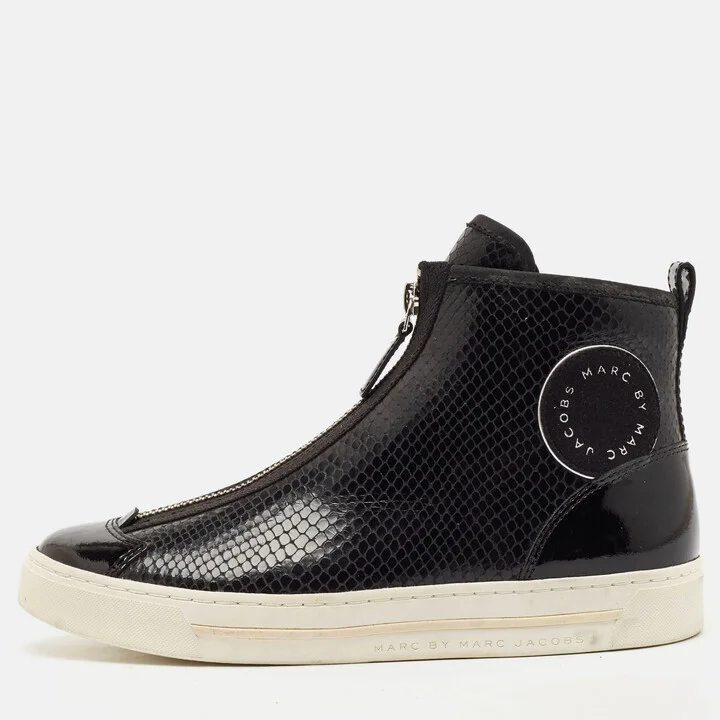 Marc Jacobs Black Patent Leather and Snakeskin Embossed Leather High Top Sneakers Size 37