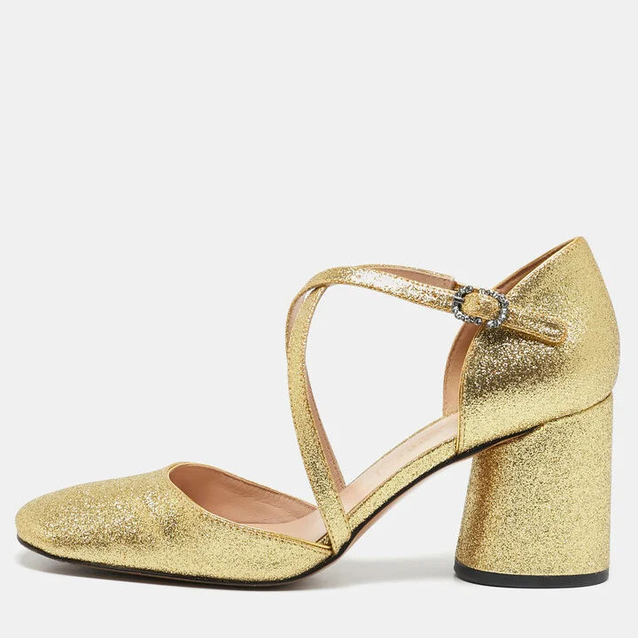 Marc Jacobs Gold Glitter Block Heel Criss Cross Ankle Strap Sandals Size 38