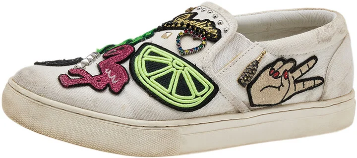 Marc Jacobs White Canvas Patches And Embellished Mercer Slip On Sneakers Size 38