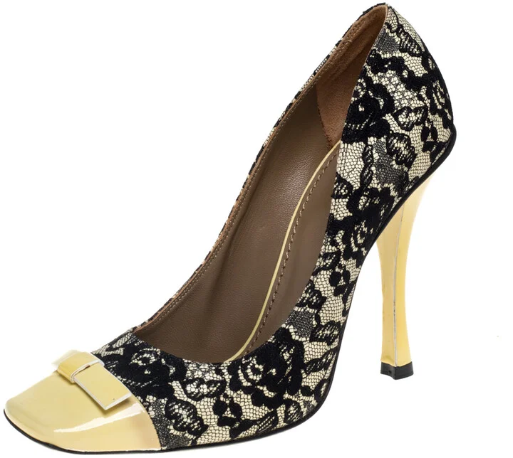 Marc Jacobs Yellow/Black Lace And Patent Leather Bow Detail Pumps Size 39