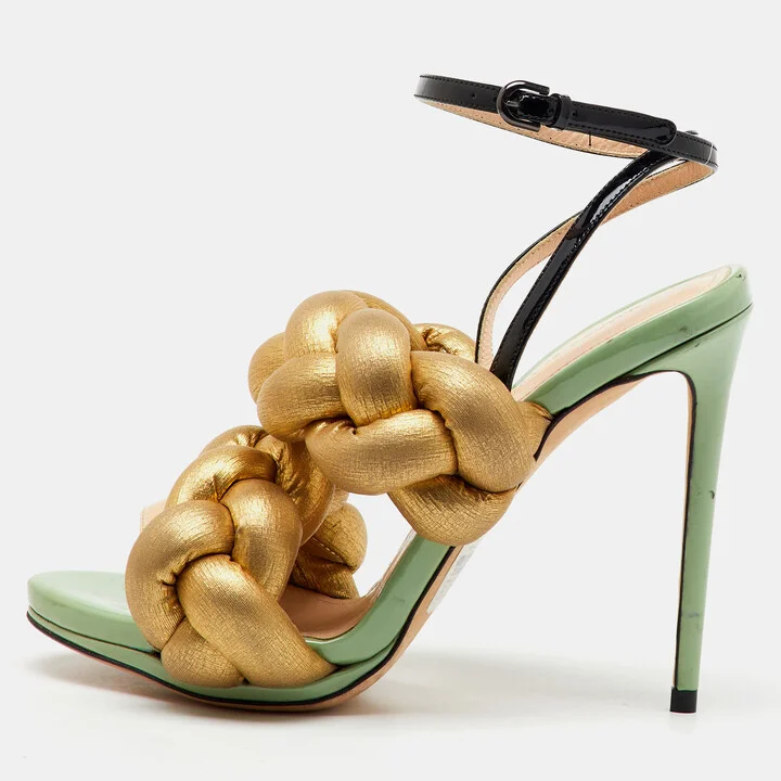 Marco de vincenzo Gold/Black Metallic Leather and Patent Leather Ankle Strap Sandals Size 39.5