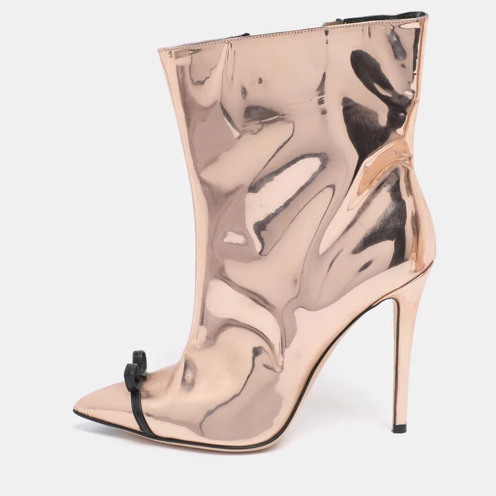 Marco de Vincenzo Metallic Rose Gold Leather Bow Pointed Toe Ankle Boots Size 39