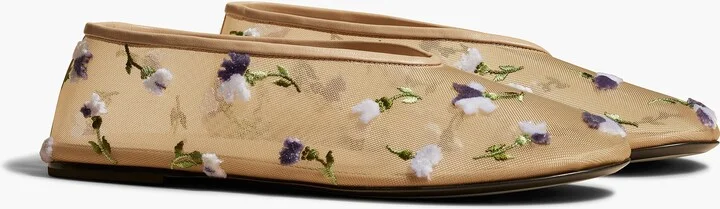 Marcy Flat in Beige Mesh with Purple Floral Embroidery - Image 2