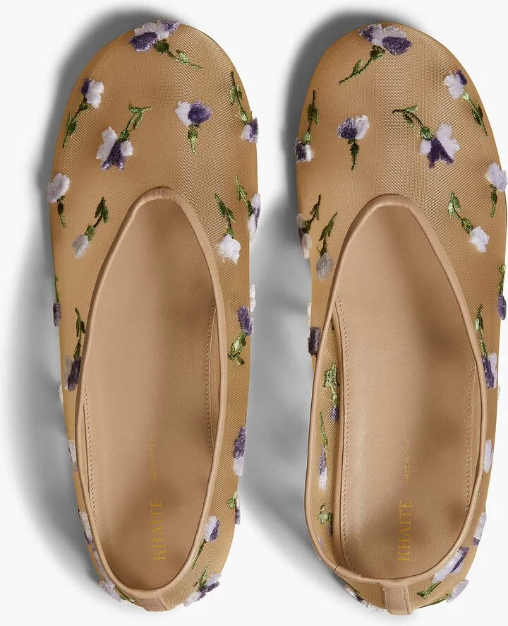 Marcy Flat in Beige Mesh with Purple Floral Embroidery - Image 3