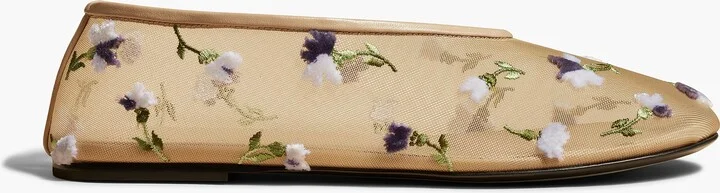 Marcy Flat in Beige Mesh with Purple Floral Embroidery