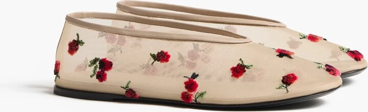 Marcy Flat in Beige Mesh with Raspberry Embroidery - Image 2