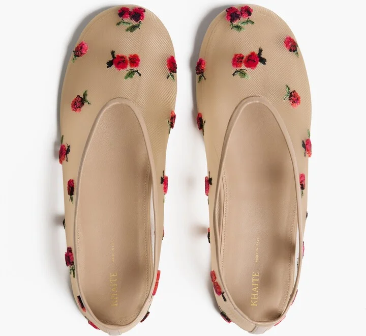 Marcy Flat in Beige Mesh with Raspberry Embroidery - Image 3