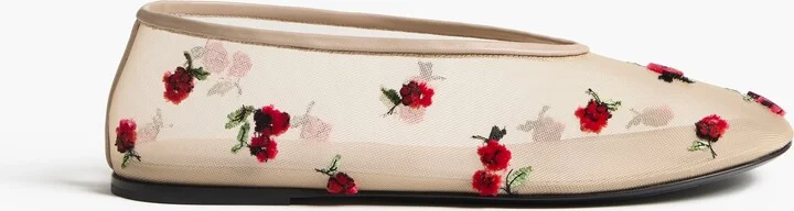 Marcy Flat in Beige Mesh with Raspberry Embroidery
