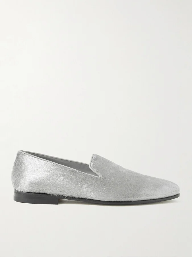 Mario Leather-Trimmed Metallic Calf Hair Loafers