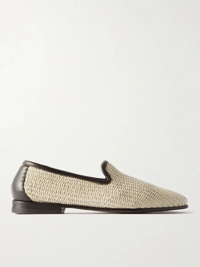 Mario Leather-Trimmed Raffia Loafers