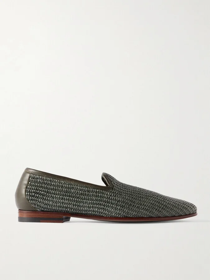 Mario Leather-Trimmed Raffia Loafers