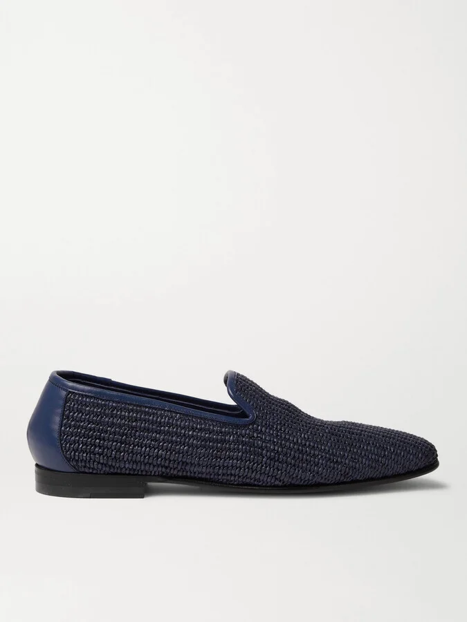 Mario Leather-Trimmed Raffia Loafers