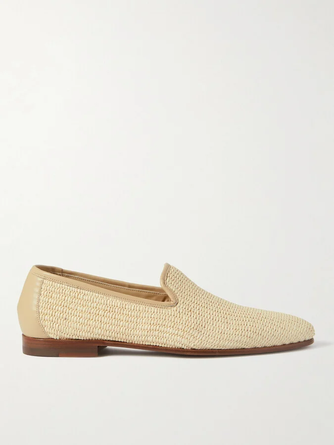 Mario Leather-Trimmed Raffia Loafers