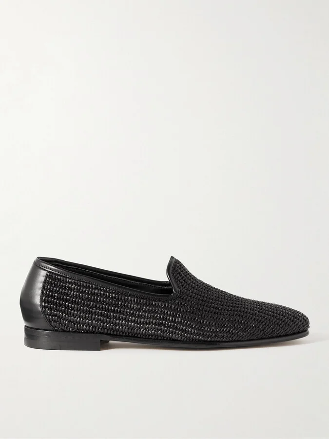 Mario Leather-Trimmed Raffia Loafers