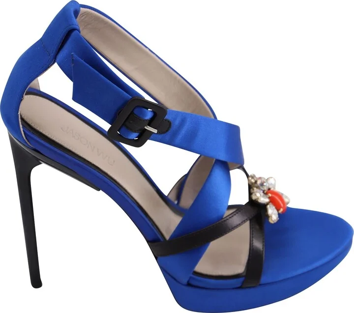 Marisa Crystal Embellished Platform Sandals in Blue Satin