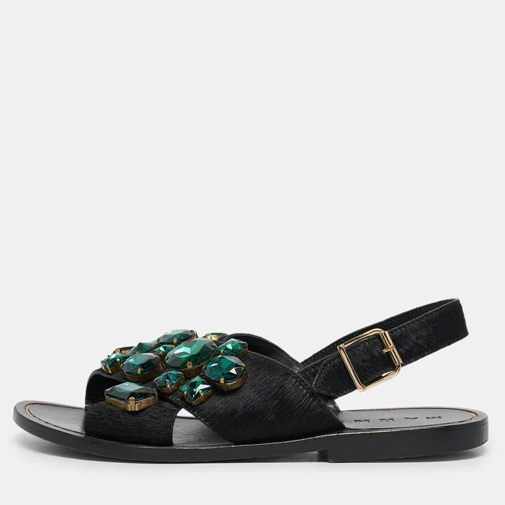 Marni Black Calf Hair Embellished Flat Slingback Sandals Size 37