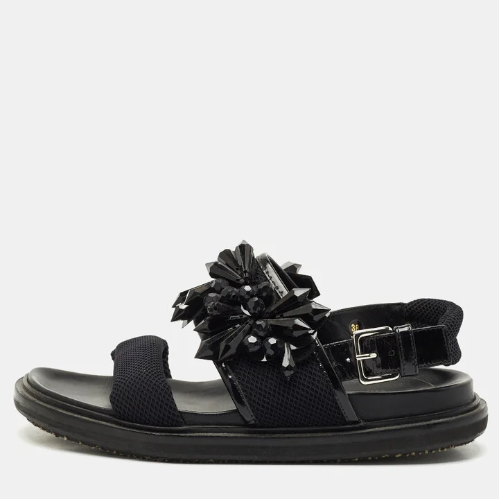 Marni Black Fabric and Patent Embellished Flat Slingback Sandals Size 38