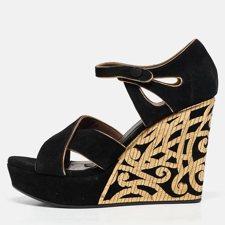 Marni Black/Gold Suede Wedge Ankle Strap Sandals Size 39