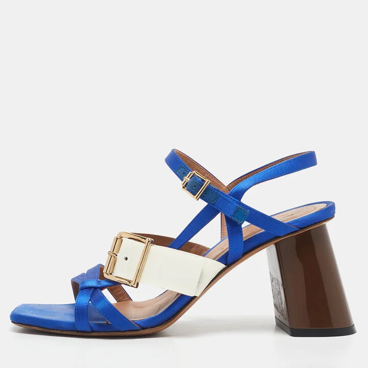Marni Blue/Cream Patent Leather and Satin Ankle Strap Sandals Size 36