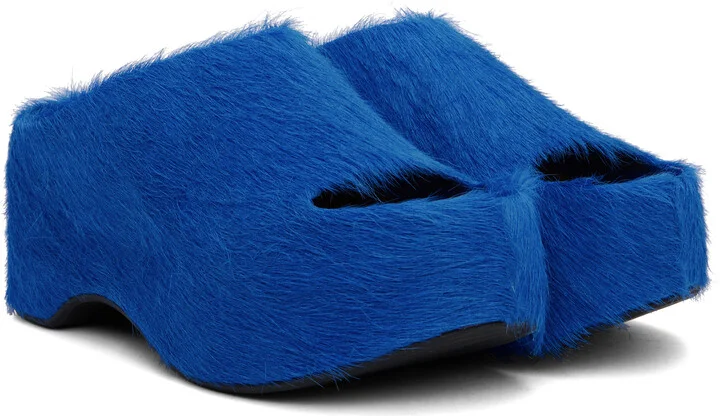 Marni Blue Long-Hair Calfskin Chunky Clog Slide Sandals - Image 4