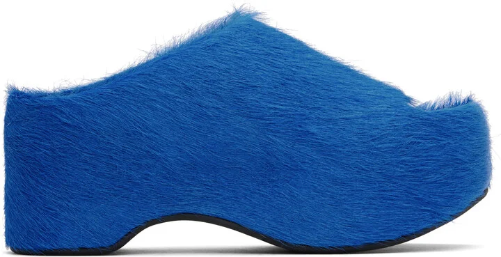 Marni Blue Long-Hair Calfskin Chunky Clog Slide Sandals