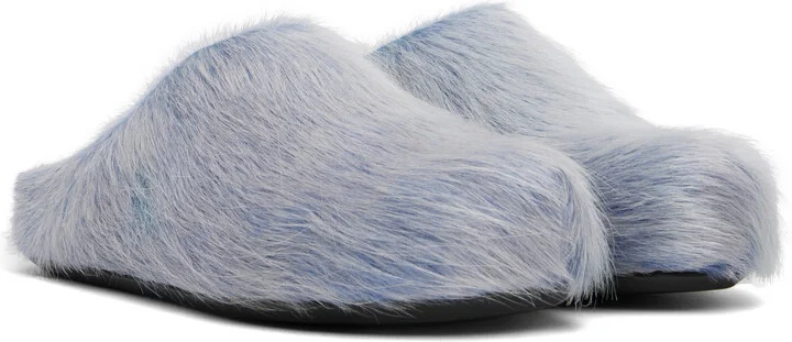 Marni Blue & White Long Hair Calfskin Fussbett Sabot Loafers - Image 4