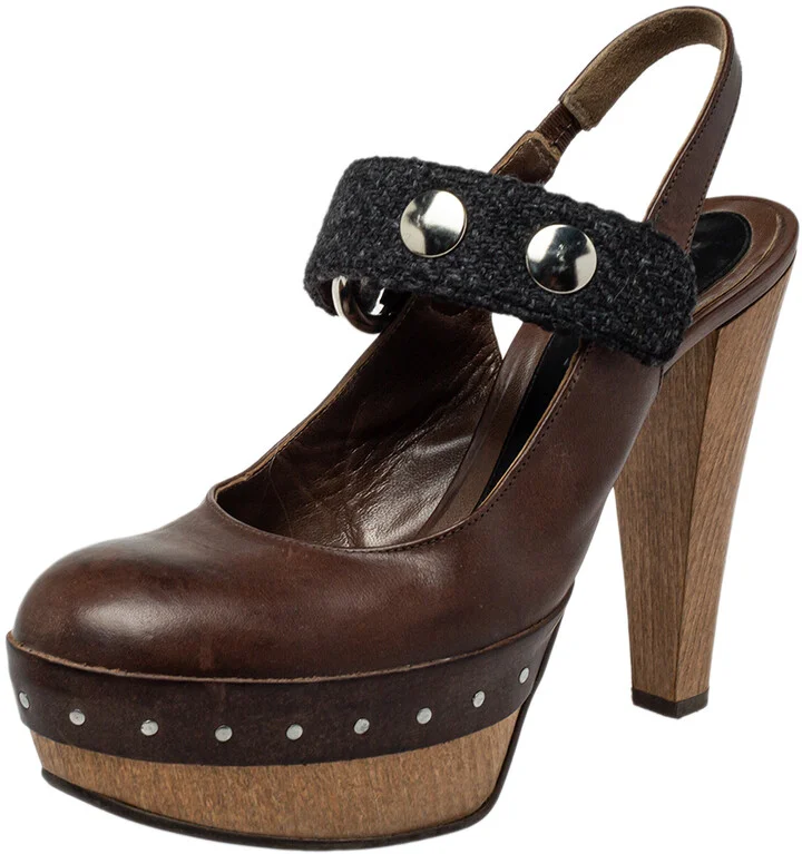 Marni Brown/Black Fabric And Leather Mary Jane Buckle Strap Pumps Size 40