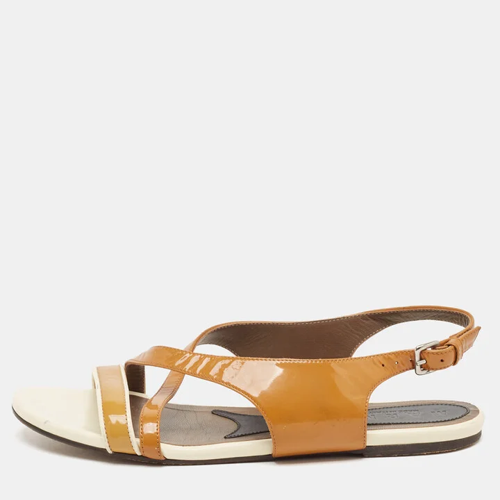Marni Brown/Cream Patent Leather Slingback Flat Sandals Size 38