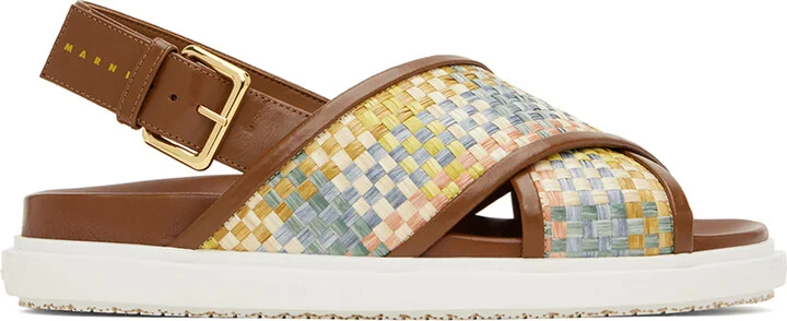 Marni Brown Leather Fussbett Raffia-Effect Sandals
