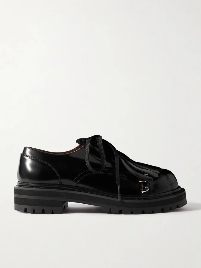 Marni - Dada Embellished Fringed Glossed-leather Derby Shoes - Black